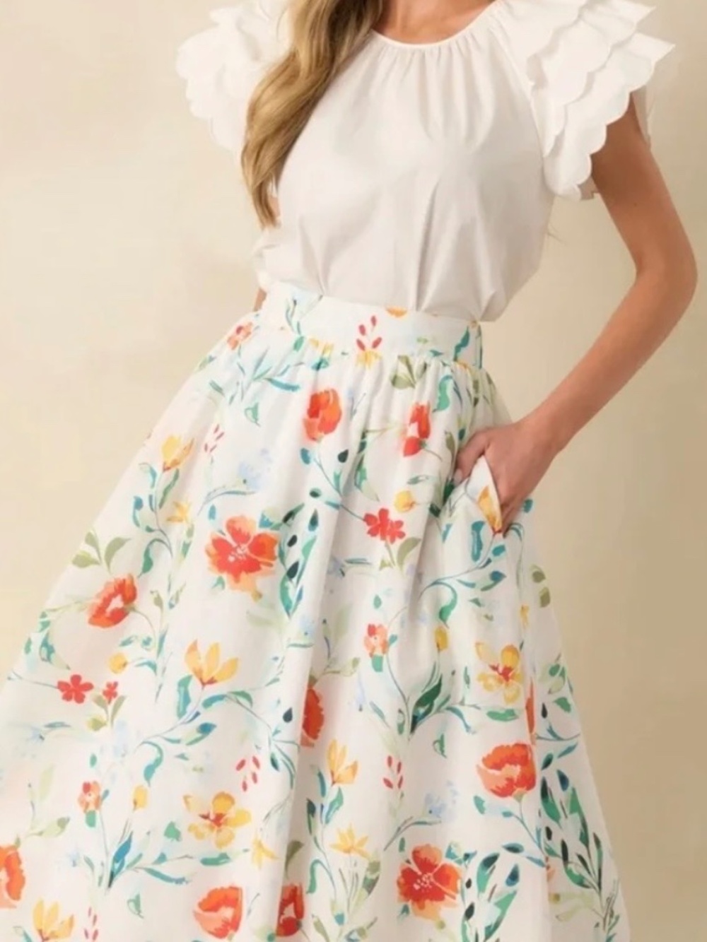 Prosperina Maddie Multi floral print cotton midi skirt